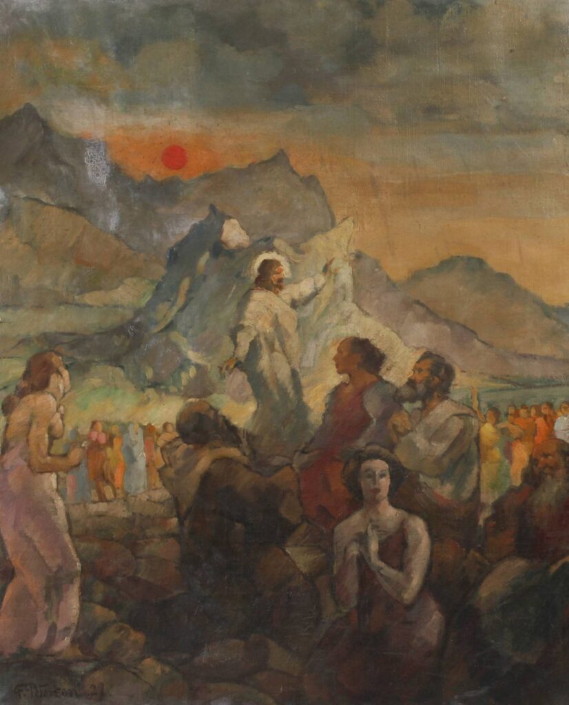 A photo of a 19th century painting by Friedrich Petersen, depicting Jesus' Sermon on the Mount as recounted in the fifth chapter of the New Testament Book of Matthew.